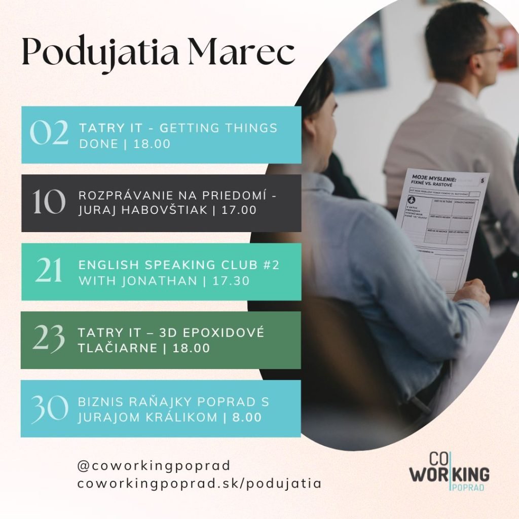 Marcová ponuka podujatí v Coworking Poprad