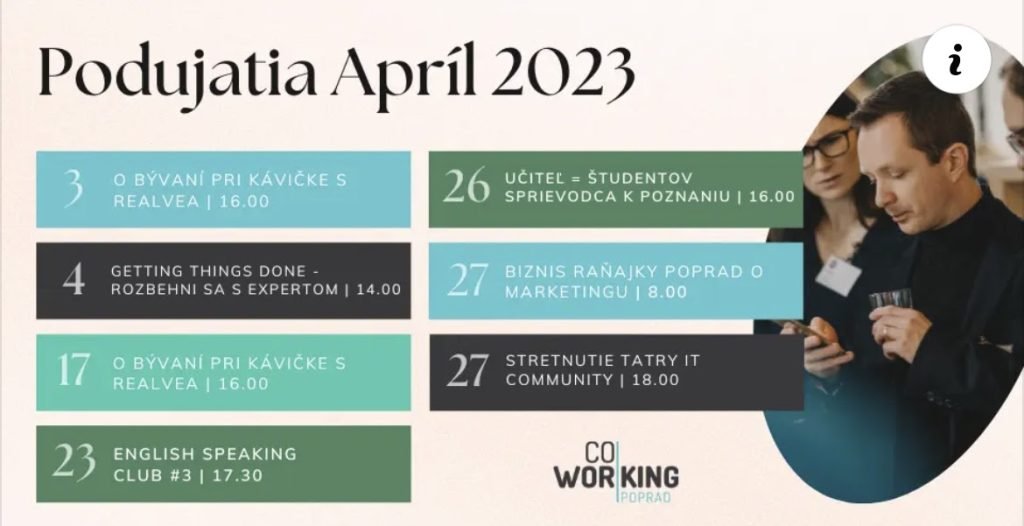 Aprílová ponuka podujatí v Coworking Poprad